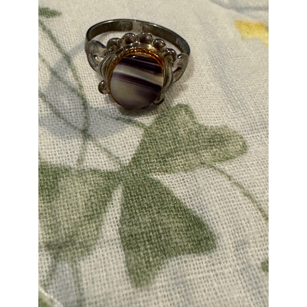 Vintage BAR-TAN Sterling Silver Banded Purple Agate Ring Mid-Century Sz 5